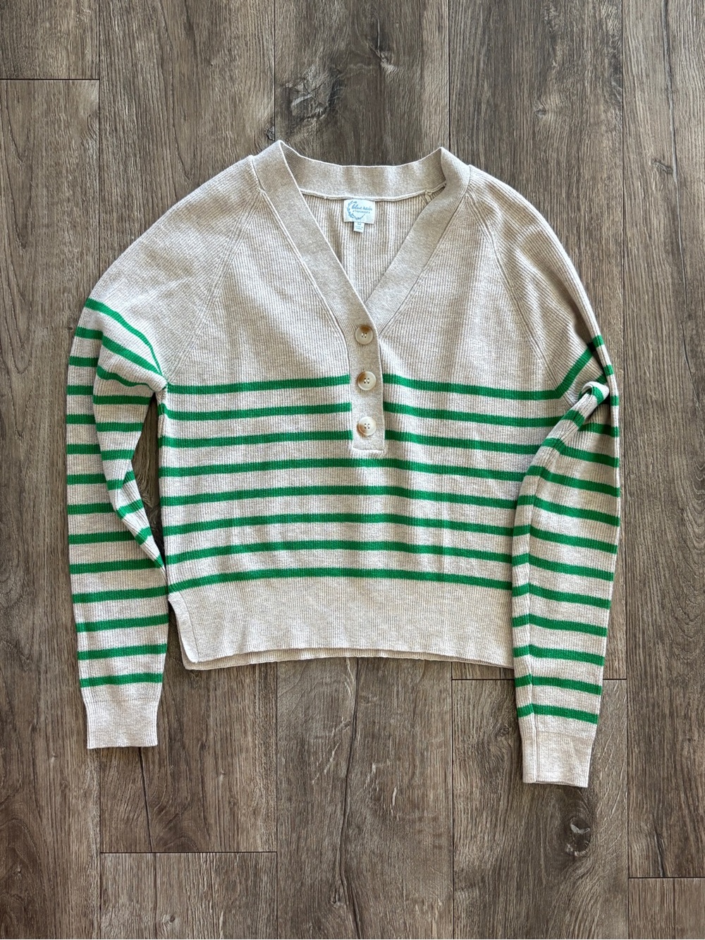 Blue Rain Cream V-Neck Button Sweater with Green Stripes